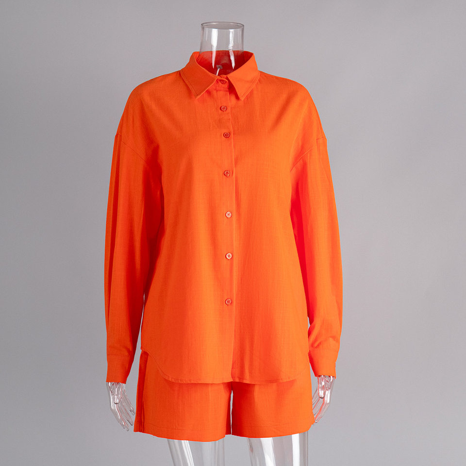 Bộ cardigan dài tay kèm quần short cotton màu trơn phong cách đơn giản — Màu cam, Màu hồng, Màu hồng nhạt, Màu trắng chi tiết 10