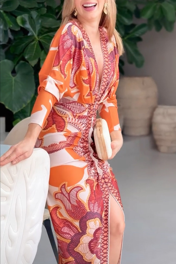 Long Sleeve Sleeve Length Wholesale Women's Casual Elegant Streetwear Printing Holiday Banquet Selfie V Neck Long Sleeve One-Step Skirt