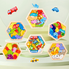 Wholesale wooden enlightenment early education educational baby 3-6 years old animal transportation hexagonal three-dimensional children's puzzle toy