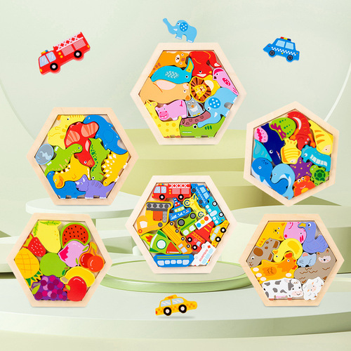 Wholesale wooden enlightenment early education educational baby 3-6 years old animal transportation hexagonal three-dimensional children's puzzle toy