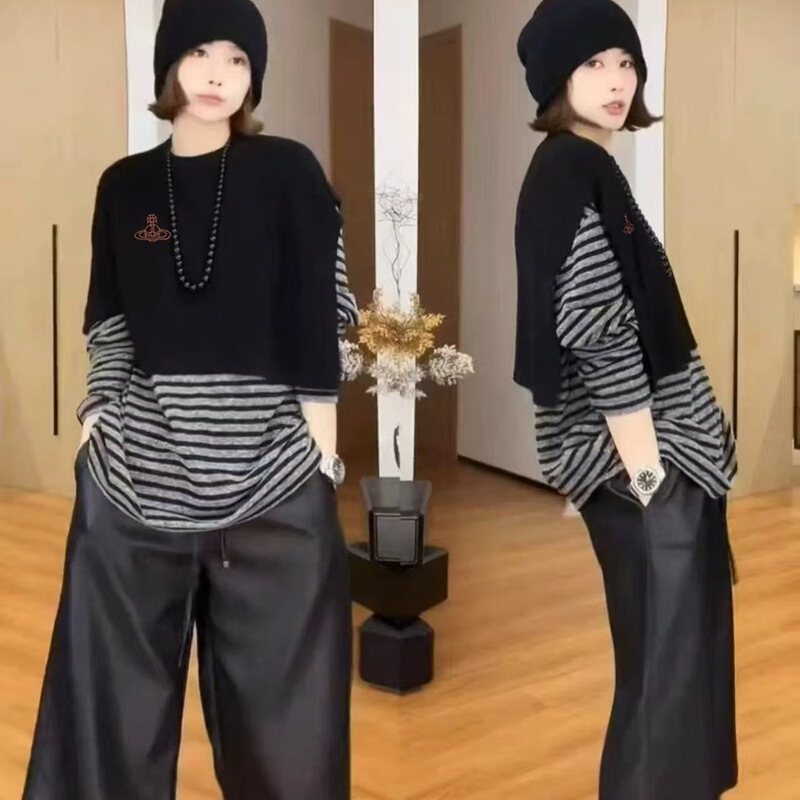 Korean Style Autumn New Round Neck Contrasting Stripesd Shawl Design Casual Loose Knitwear Two-Piece Women's Top