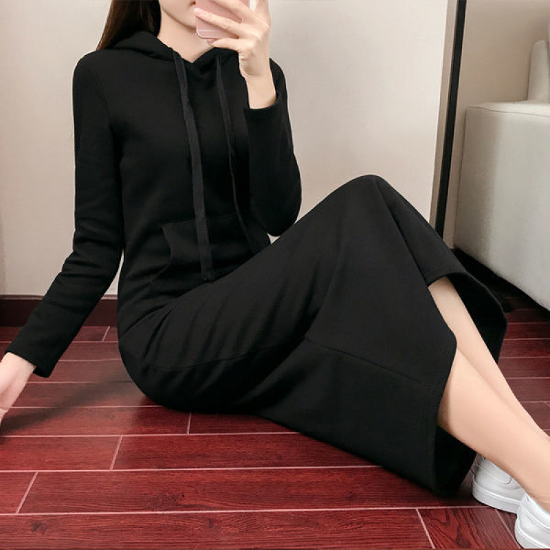 棉秋冬长款过膝卫衣裙女新款韩版宽松大码长袖加绒加厚连帽连衣裙|undefined