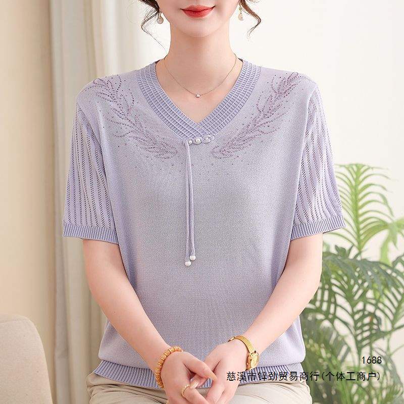 年轻妈妈夏季时尚减龄短袖t恤中老年女装洋气宽松冰丝针织衫上衣