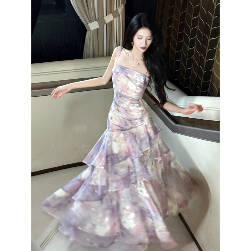 Good Job【Iris Whisper】Purple Printed Ruffled Strap Dress French-Style Seaside Vacation Dress Good Job【Iris Whisper】Purple Printed Ruffled Strap Dress French-Style Seaside Vacation Dress