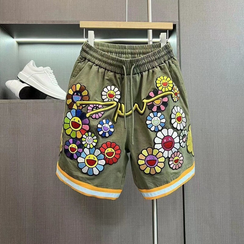 Fashion Trend New Embroidered Gold Line Sunflower Shorts Men's Loose Workwear Sports Pants Thin All-match Pants