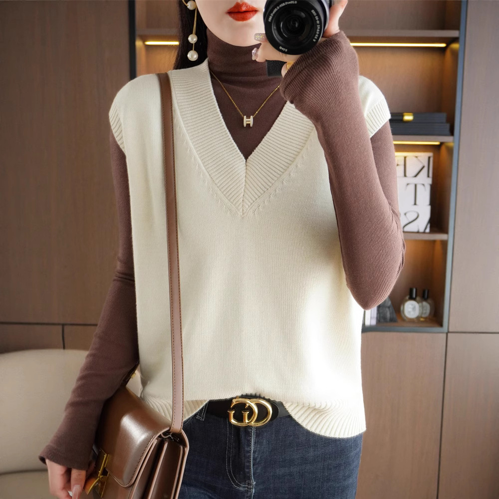 Cross-Border Fashion V-Neck Solid Color Pullover Sleeveless Layered Vest Loose Casual Spring and Summer New Cotton Women's Knit Top