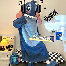 史迪奇睡袍加绒加厚珊瑚绒连体睡衣女新款秋冬季法兰绒大码家居服