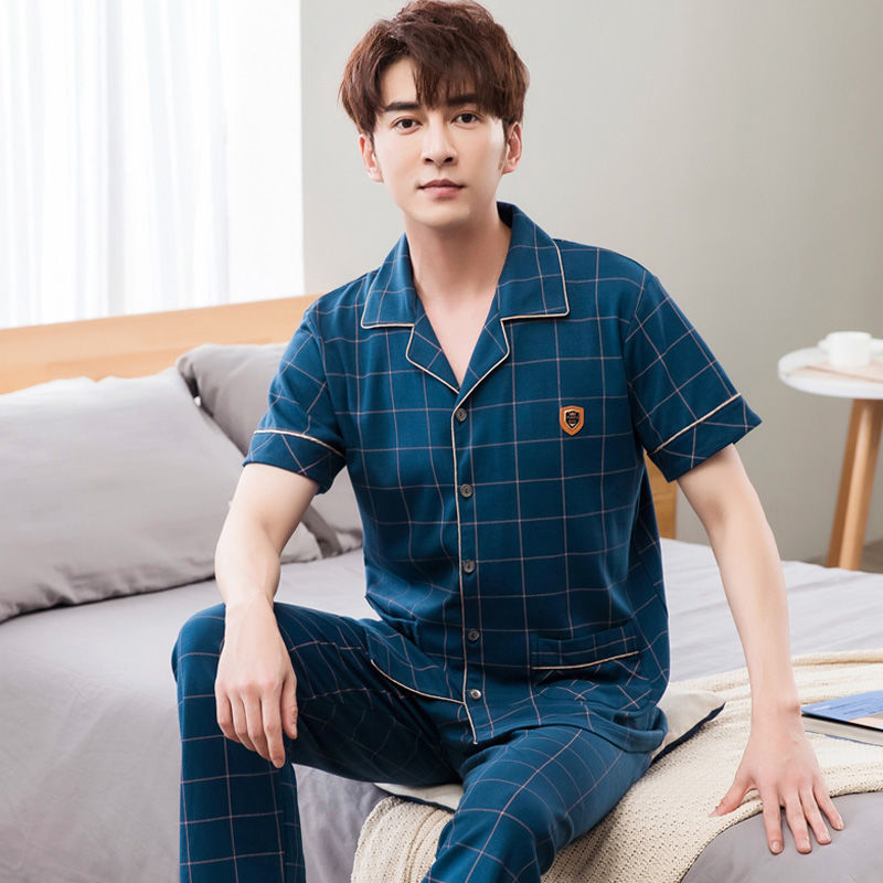 Pijamas de los hombres de verano 100% algodón pantalones de manga corta de media manga de primavera y otoño delgada cardigan ropa para el hogar más tamaño