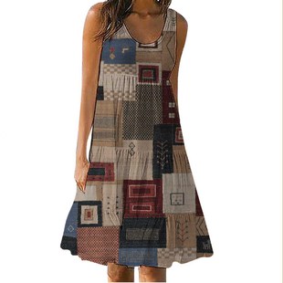 2023 Summer New Foreign Trade European and American Amazon Women's Crew Neck Sleeveless Cake Skirt Retro Color Block Mechanism Printing