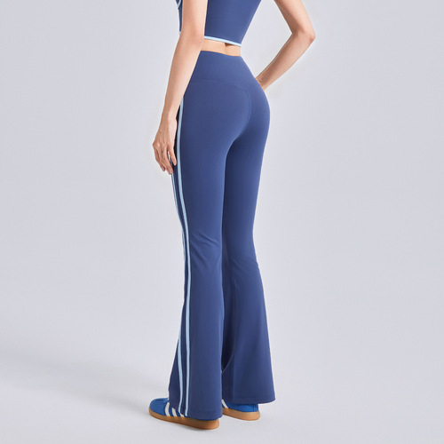Juyitang new striped bell-bottom pants running naked elastic sports fitness high waist hip lifting yoga trousers for women