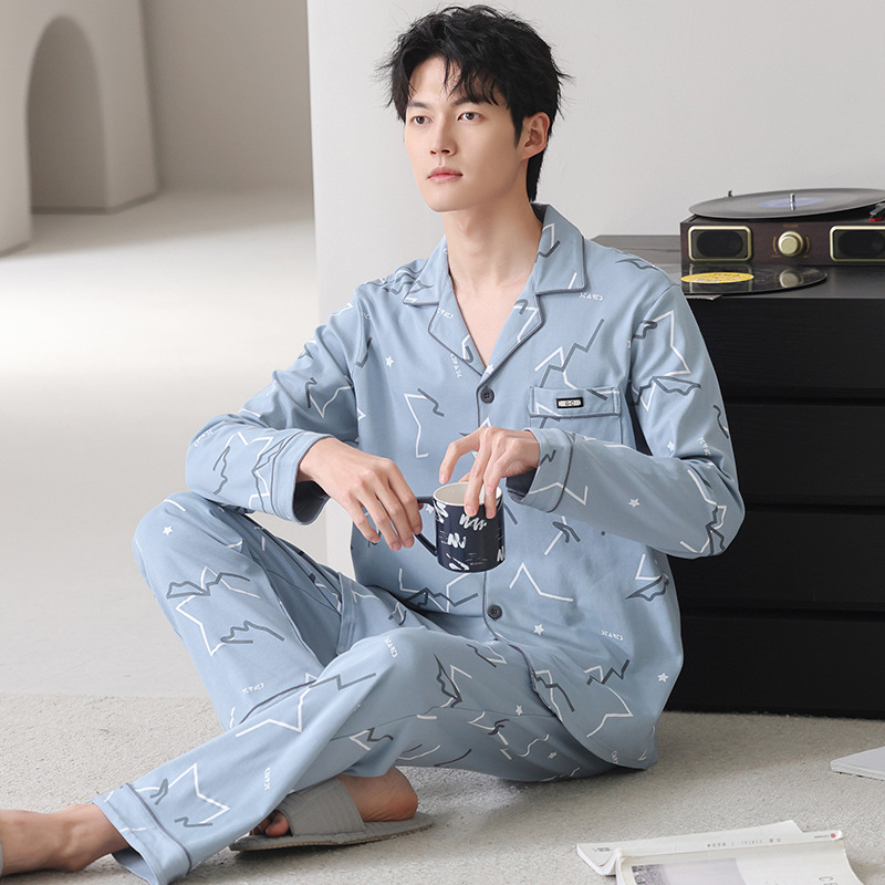 Pijama primavera y otoño cardigán de hombre 2025 nuevo algodón de manga larga se puede usar fuera de la versión suelta del conjunto de ropa para el hogar