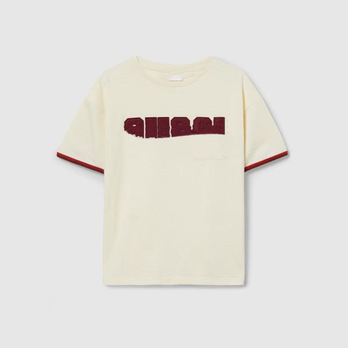 Xb7243 Non-Returnable and Non-Exchangeable Children's White Short-Sleeve T-Shirt with Red Stripes on the Cuffs, Versatile for Boys and Girls