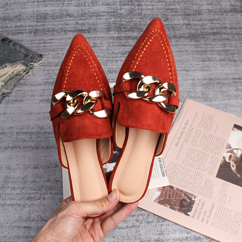 Flat half slippers women's spring and autumn new pointed metal chain Muller shoes 41-43 foreign trade shoes wholesale_voghion.com