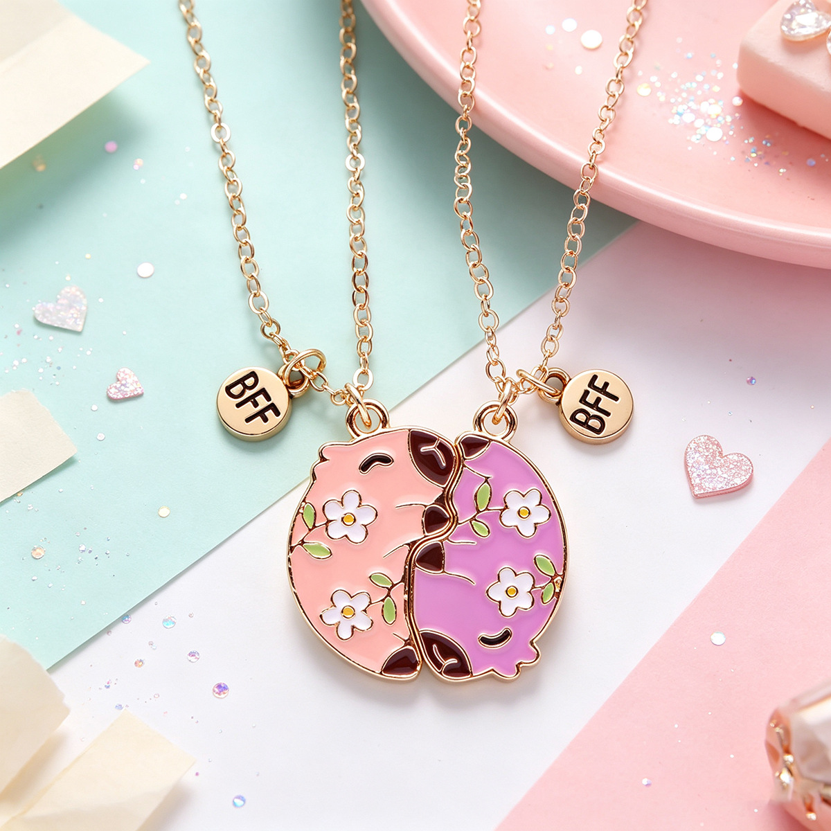 Capybara Best Friend Magnetic Pendant Necklace Sun Moon Rhinestone Alloy Enamel Best Friend Children's Jewelry