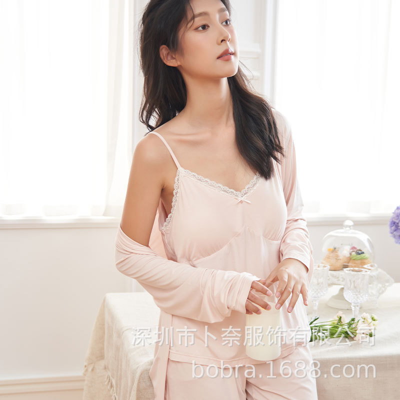 夏季原創家睡袍蕾絲花邊吊帶帶胸墊簡約外袍短褲家居服三件套