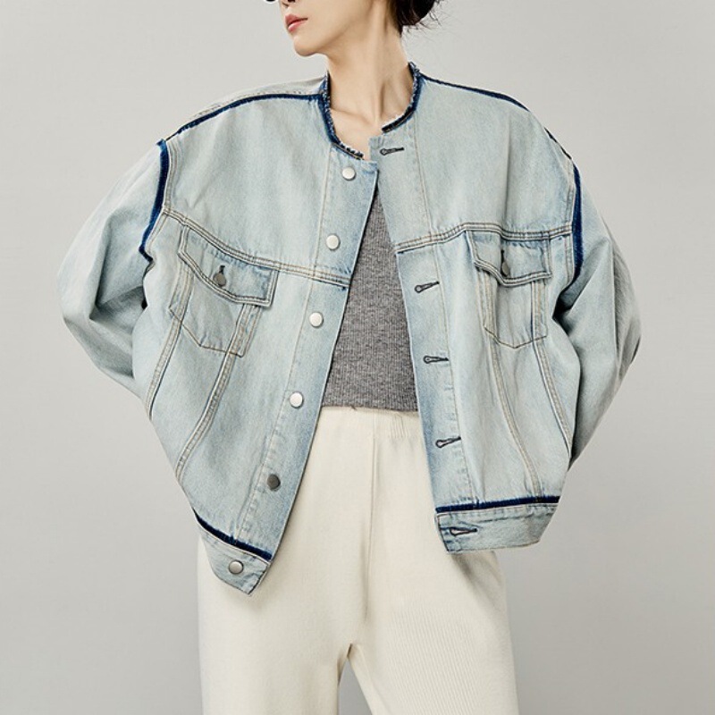 American Retro Blue Collarless Raw Edge Denim Jacket for Women 2025 Autum New Design Loose Long-Sleeved Top