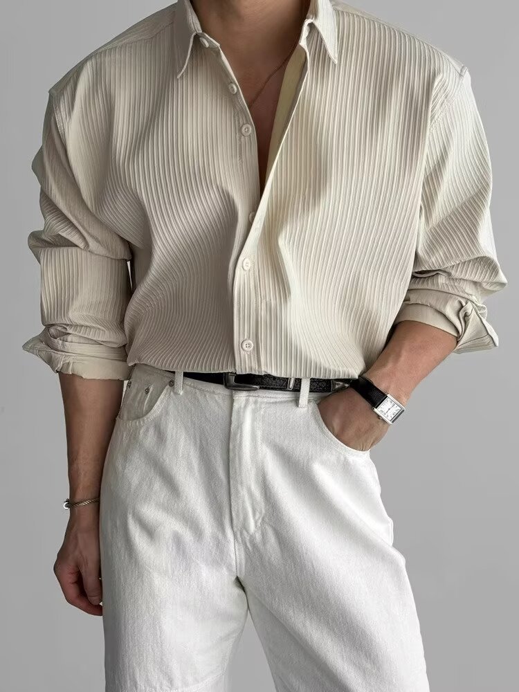 British Lapel Pit Strip Texture Long-sleeved Shirt Men's Casual Business Shirt Drape Light Ripe Style Versatile Top_viptrois.com