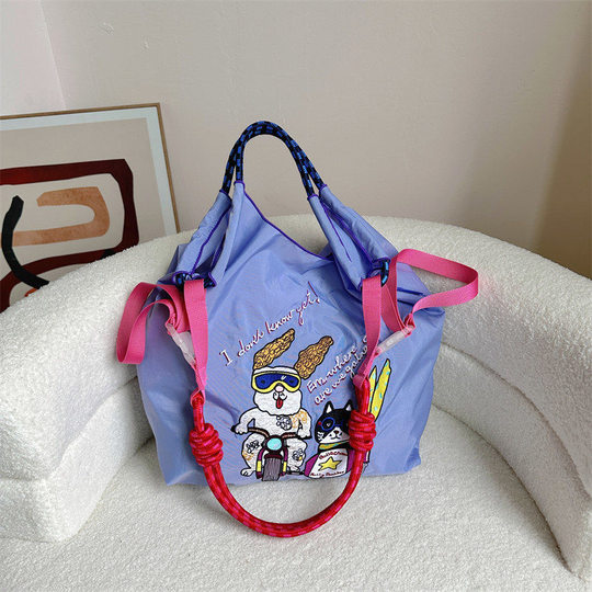 High-quality Japanese Style Homemade ball chain Environmentally Friendly Shopping Bag Nylon Cloth Embroider Flower Satchel Nylon Canvas Bag