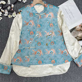 真丝宋锦马甲新中式南油秋冬款国风精致手工盘扣马上有钱工厂直销