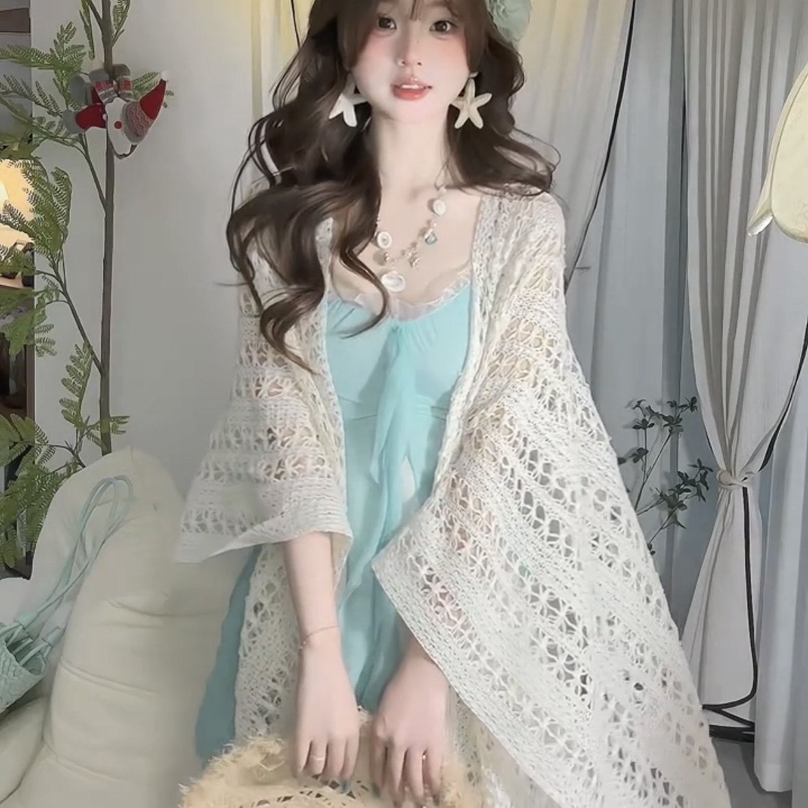 Polfi beige new Chinese-style cheongsam with women's ethnic-style hollow knitted sunscreen shawl and summer fringed cardigan