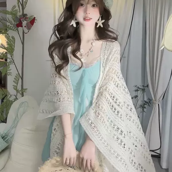 Polfi beige new Chinese-style cheongsam with women's ethnic-style hollow knitted sunscreen shawl and summer fringed cardigan