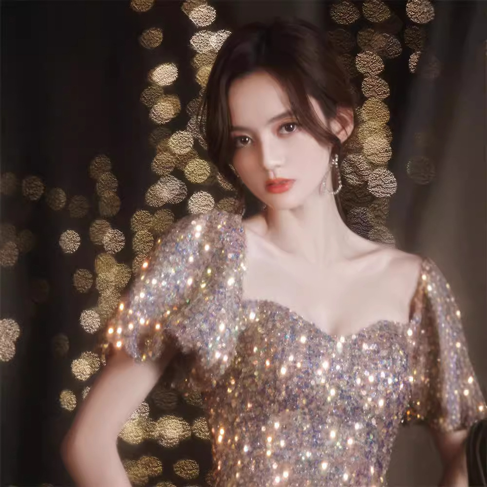Vestido de noche con lentejuelas estilo ligero lujo nicho vestido femenino banquete elegante Socialite sentido transfronterizo anfitrión rendimiento vestido