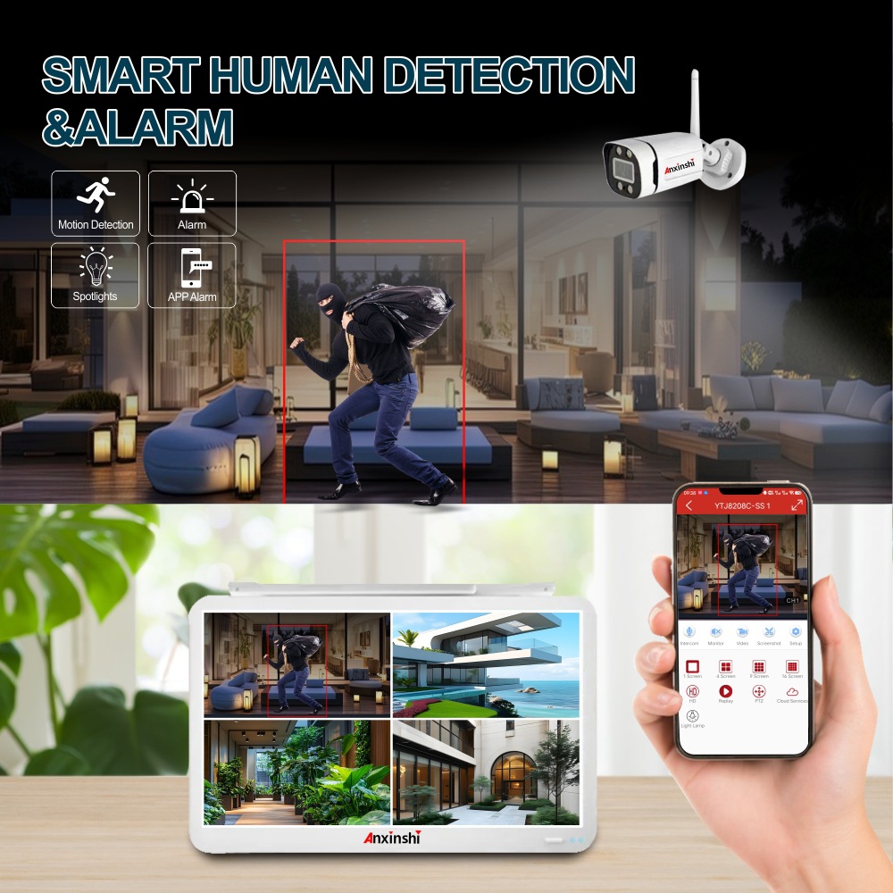 500万高清4路/8路无线WIFI子弹摄像头套装带显示屏户外防水全彩