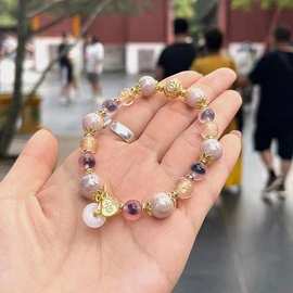新中式香灰瓷琉璃手串女款粉金箔平安扣转运珠手链情侣款