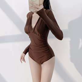ins风韩版游泳装性感深V遮肚显瘦长袖保守纯色简约连体泳衣女温泉