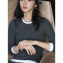 法式撞色拼接假两件灰色长袖t恤女2025春秋新款百搭修身显瘦上衣
