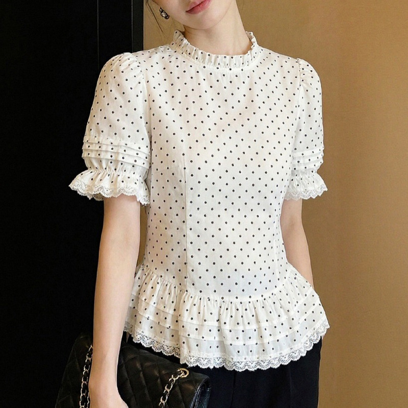 Summer Round-Neck Stylish White Lace Polka Dot Short-Sleeved Shirt for Women New Style French Puff-Sleeved Top Summer Round-Neck Stylish White Lace Polka Dot Short-Sleeved Shirt for Women New Style French Puff-Sleeved Top