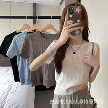 复古圆领短袖t恤针织衫女装薄款夏季设计感小众别致修身短款上衣