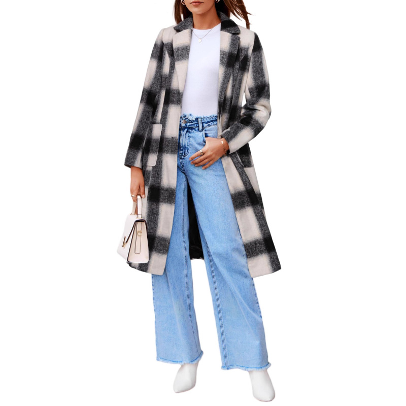 European and American Amazon Autumn and Winter British Style Versatile Long Coat 2025 New Black and White Plaid Woolen Outwear