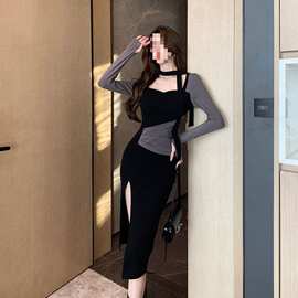 2023秋季新款女装辣妹纯欲方领挂脖开叉连衣裙收腰拼接包臀中长裙