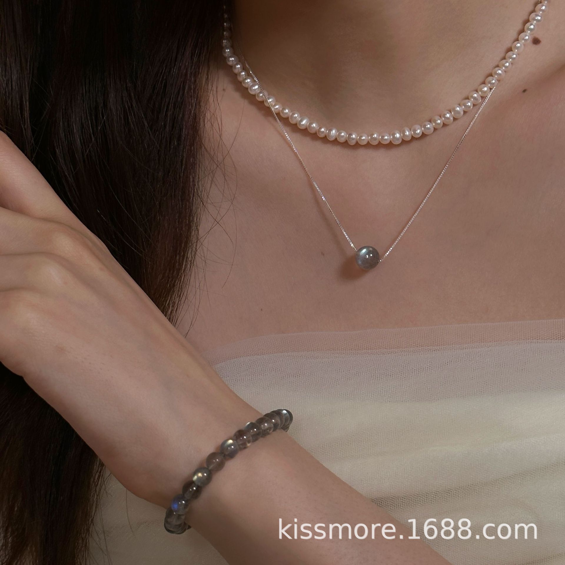 单颗灰月光可调节纯银项链5.png