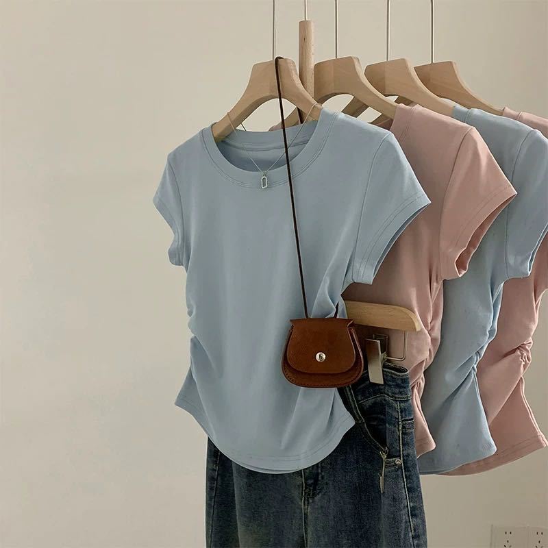 Ribbed Cotton Short-Sleeve Women's New T-Shirt with Irregular Pleats, Slim-Fit, Fashionable Top