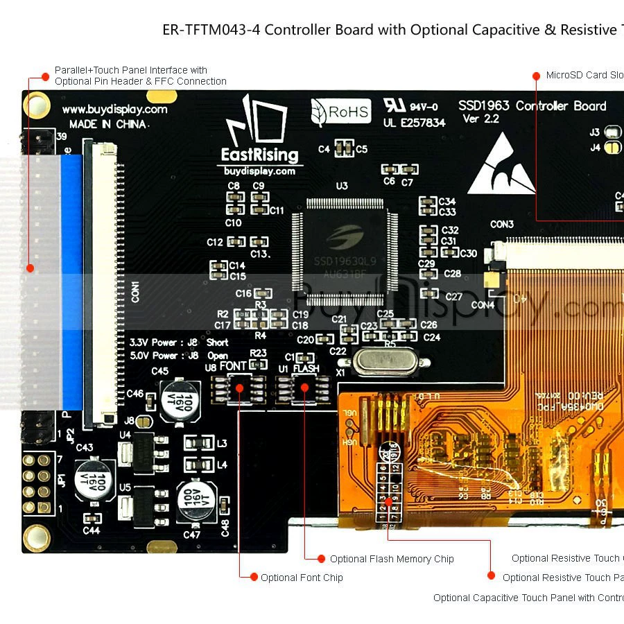 4.3-дюймовый TFT LCD цветной дисплей с контроллером SSD1963/параллельный интерфейс/возможна комплектация сенсорным экраном