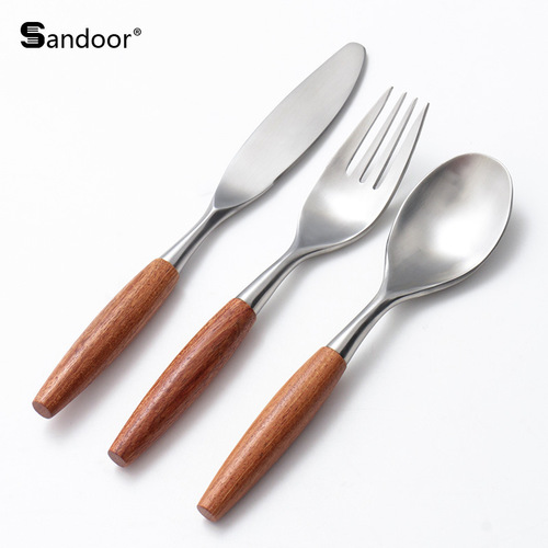 Shaduo new Chinese teak 304 knife, fork and spoon cylindrical wood rosewood handle Western tableware solid wood stainless steel knife, fork and spoon