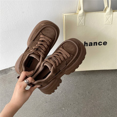 2023秋季新款真皮磨砂皮厚底系帶松糕鞋柔軟舒適大頭鞋麵包鞋女