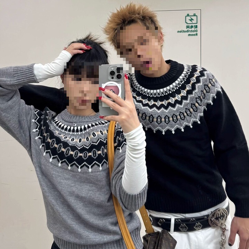 American Retro Fair Isle Soft Jacquard Sweater Old Money Style Autumn High-Intelligence College Christmas Couple Sweater