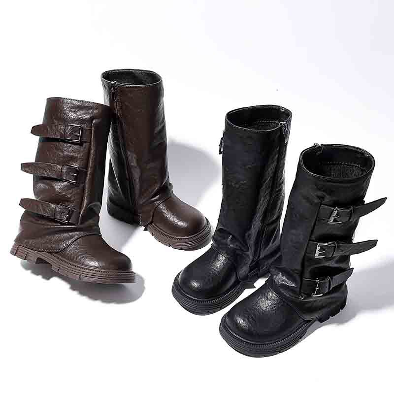 Children's Long Boots 2025 Autumn and Winter New Thick-Soled Girls' Pleated Boots with Belt Buckle Long Boots Western Riding Boots