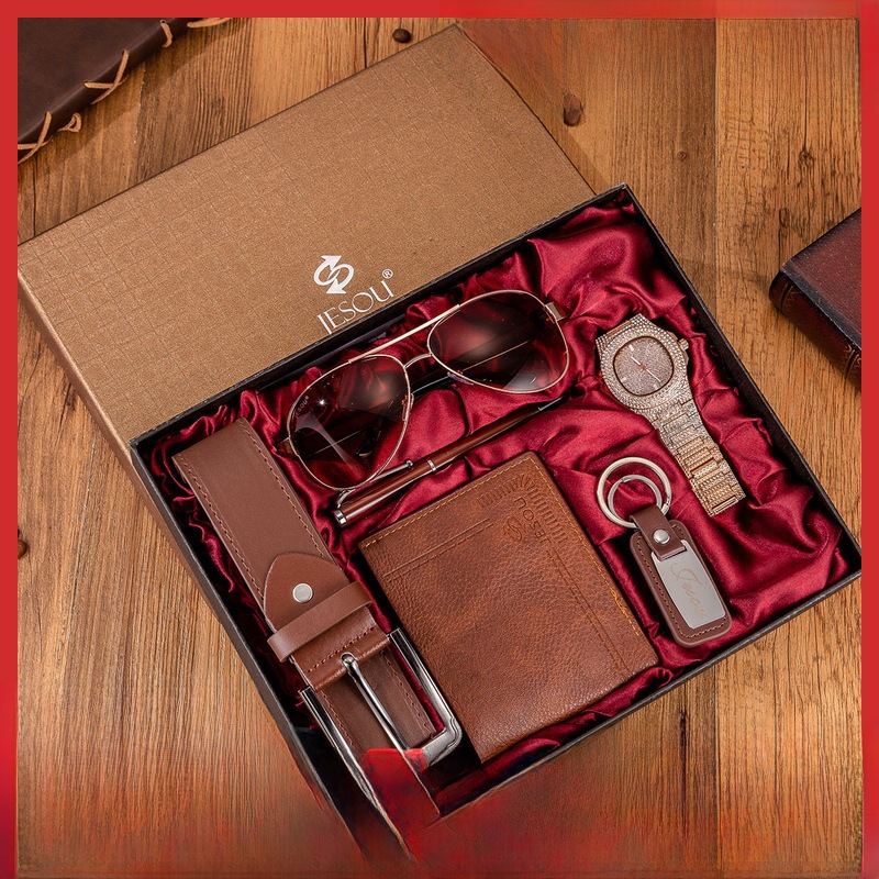 6pcs/set精品礼品套装 眼镜+皮带+钱包+钥匙扣+大表盘石英手表+笔