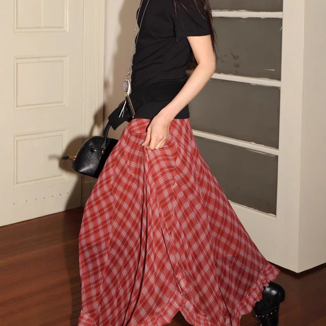 SUPERSCAPE Subo Early Spring Vintage Plaid Mid-Waist Irregular Ear Hem Mid-Length Chiffon Skirt