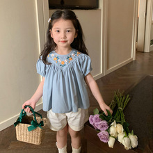 女童套装甜美刺绣上衣加短裤25夏装新款外贸童装代发3-8岁