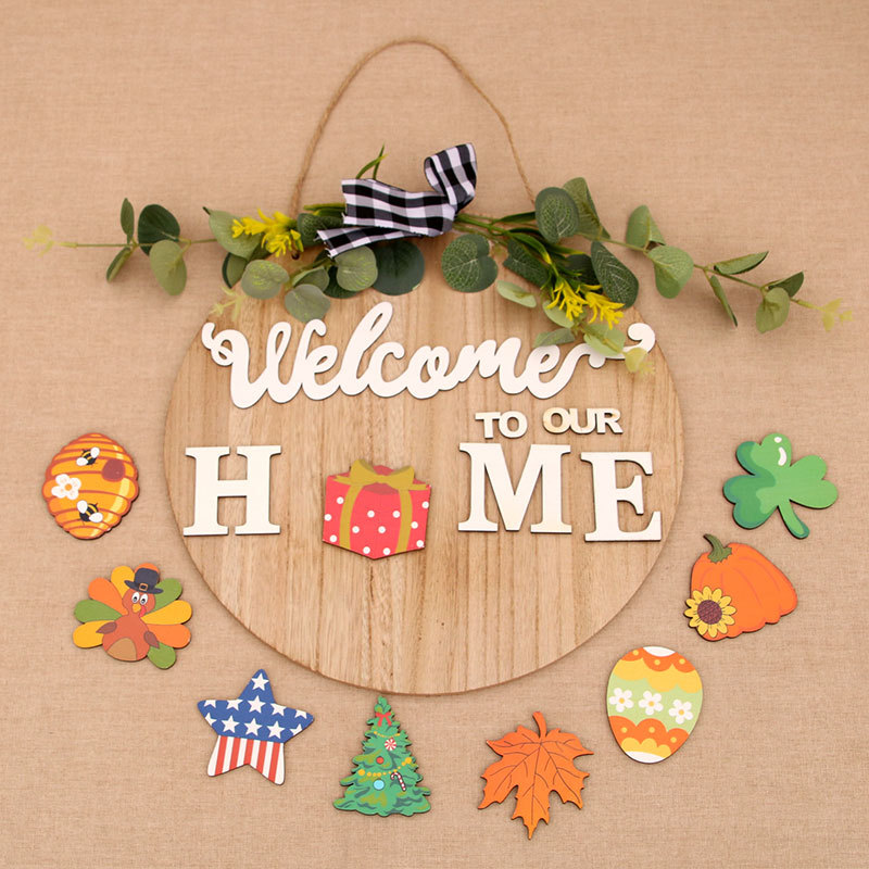 跨境蝴蝶结DIY可替换图案木制欢迎门牌圣诞万圣节HOME门挂花环