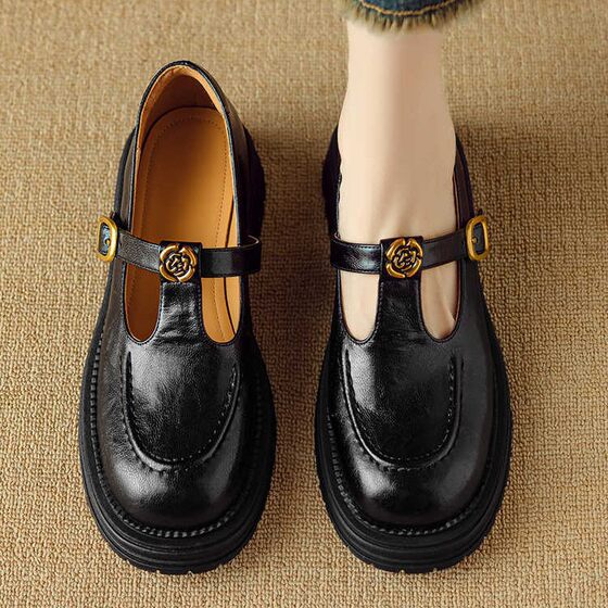 2025 Spring New Vintage Camellia Thick-soled Loafers Women's Brown T-strap Mary Jane Shoes Small Leather Shoes