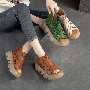 Shanghai Jiewan's New Summer Woven Cut Out Sandals Thick-Soled Breathable Candy-Colored Comfortable Roman Style Women's Shoes