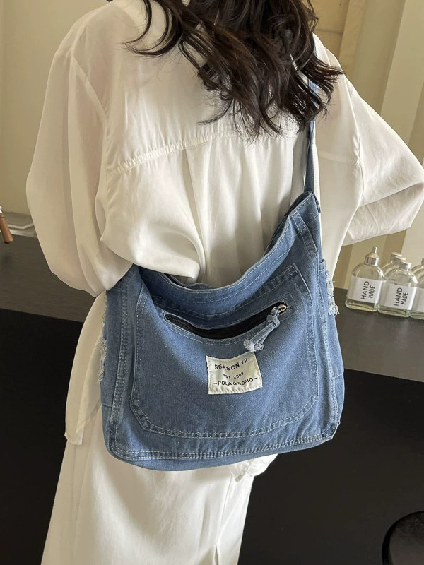 Denim Shoulder Bag for Casual Wear, One-Shoulder Design in Black, Light Blue, Navy Blue