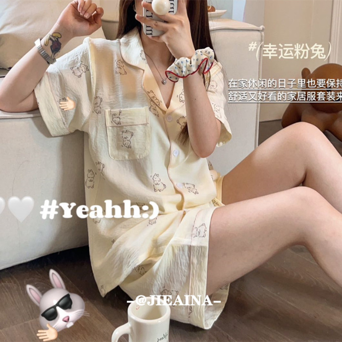 睡衣女夏季梭织泡泡棉皱布ins公主风可爱短袖夏天薄款家居服套装|undefined