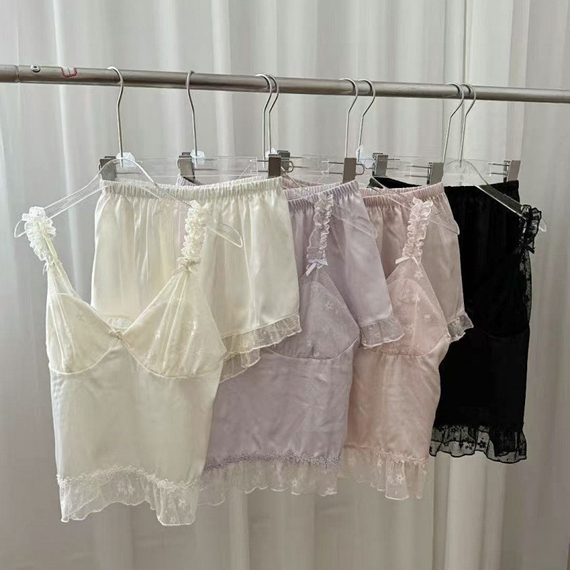 [Honeymoon Girl] Ice Silk Pajamas Women's Summer New Pure Lust Style Suspender Shorts with Breast Pad Thin Home Clothes